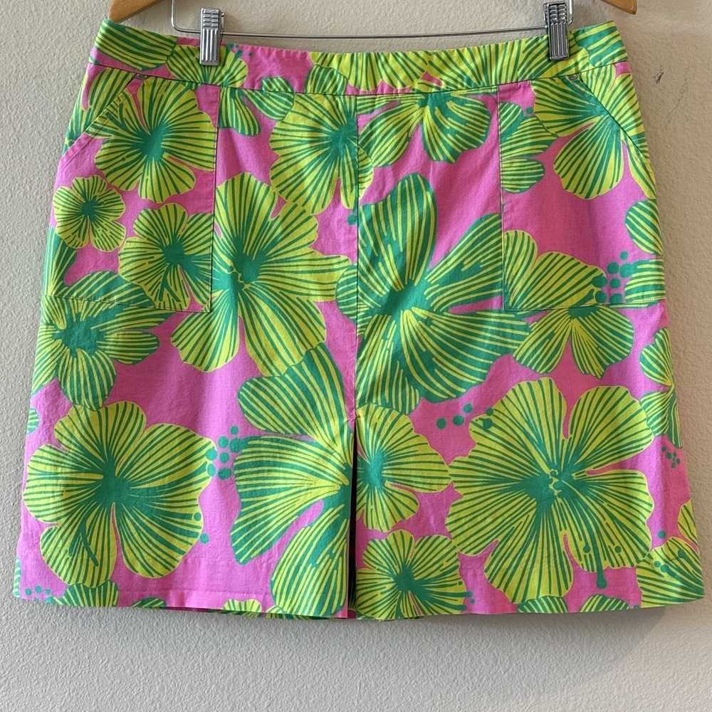 Lilly‎ Pulitzer Floral Skort Pink Green Hibiscus Pleated Pockets Sz 16